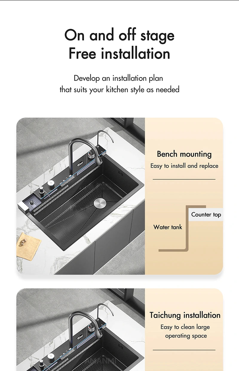 304 Stainless Steel Waterfall Kitchen Sink Large Single Slot Integrated Digital Display Faucet Set Soap Dispenser Cup Washer